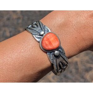 Handmade Navajo Cuff Bracelet Orange Spiny Oyster Native American Jewelry Sz 7**